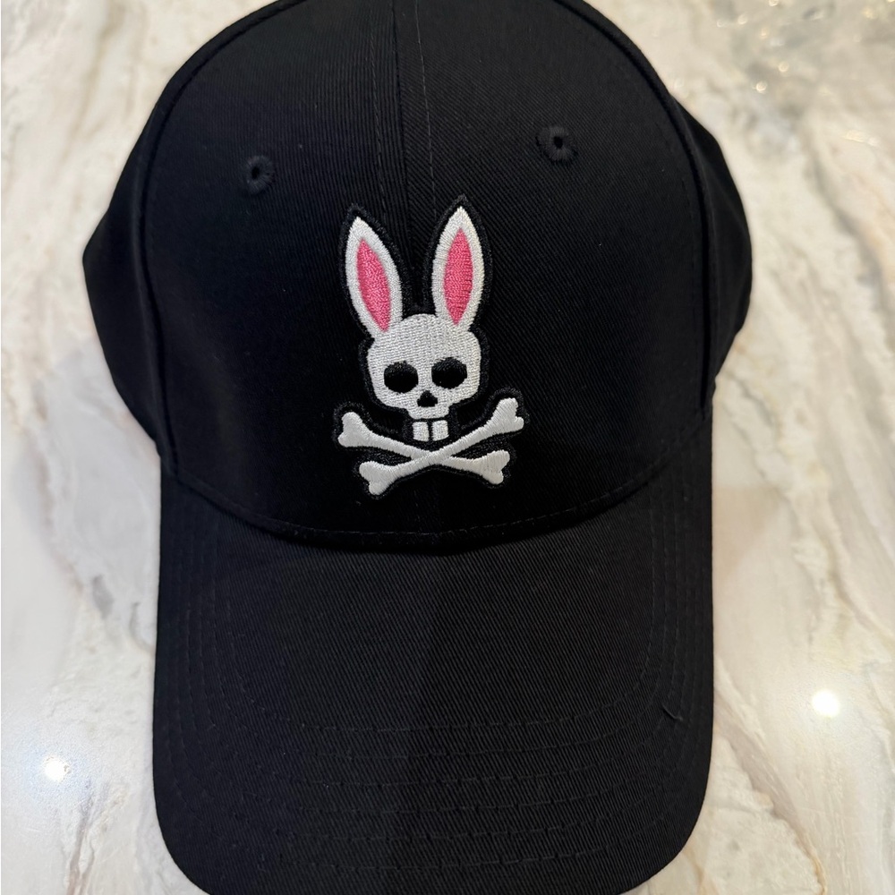 Psycho Bunny - Brand New Black Cap with White & Pink Bunny Skull Patch